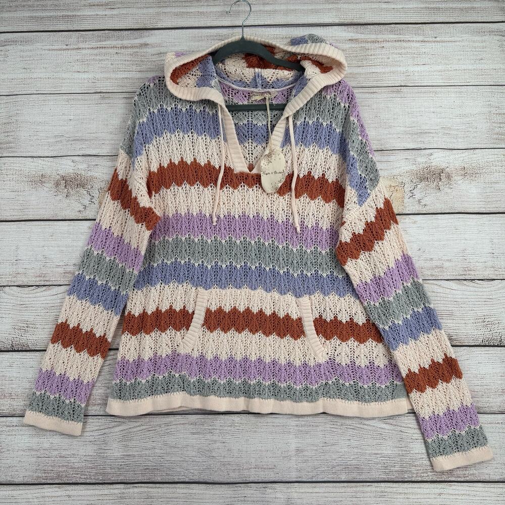 Hem & Thread‎ Striped Open Knit Hoodie Sweater Womens Large Cream Multicolor NEW